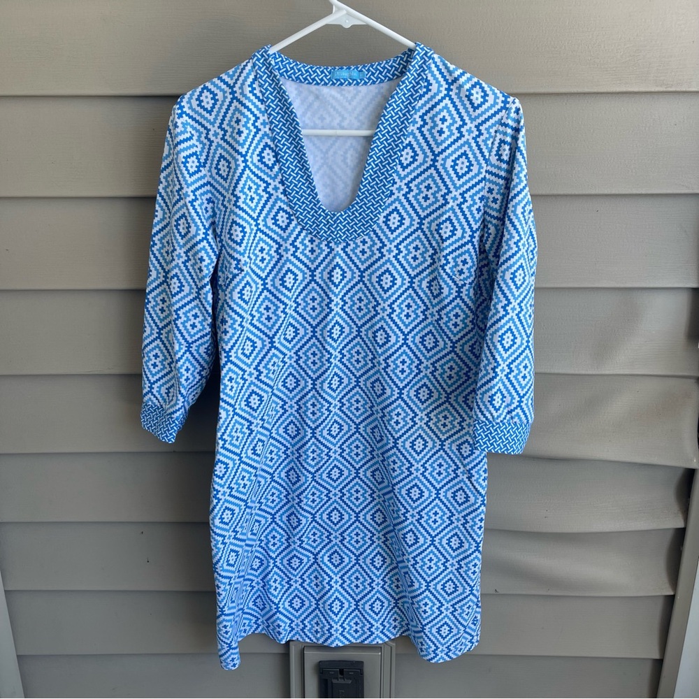 J. Mclaughlin Gisel Catalina Cloth‎ 3/4 Sleeve U-Neck Dress Blue White Midi Sz M
